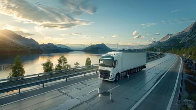 Photo modern large white trailer driving down an empty road logistics company freight transportation fast delivery mock up