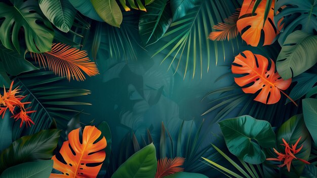 Modern layout with tropical colorful leaves in the green background copy space