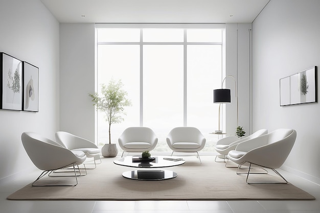 Современная столовая с белыми стульями и белыми стенами