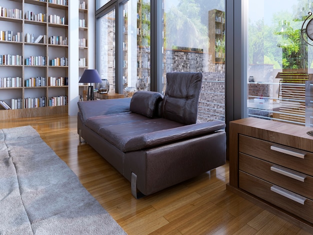 Un moderno divano in pelle e lampada su pavimento in legno e design di una biblioteca in una casa moderna con finestre.