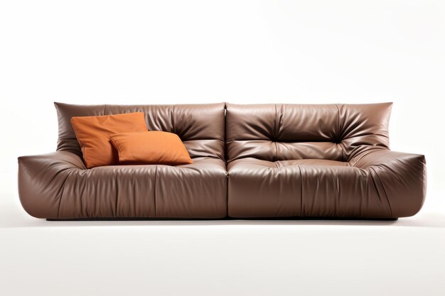 Modern leather sofa with pillows on white background