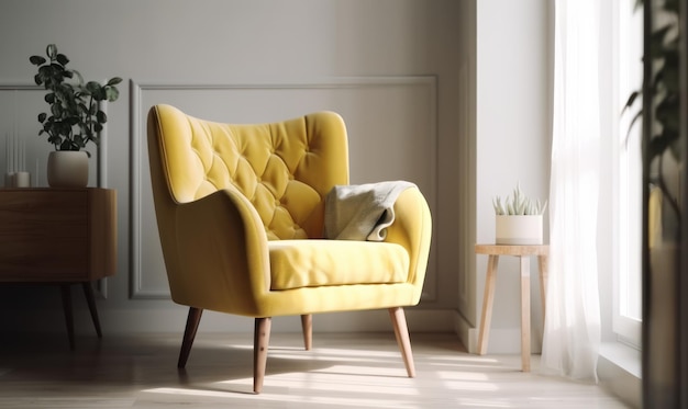 밝은 거실에서 현대적인 레몬 의자 생성 AI