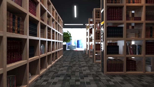 modern library design consisting of wooden bookcases with carpet deep of field effect 3d rendering