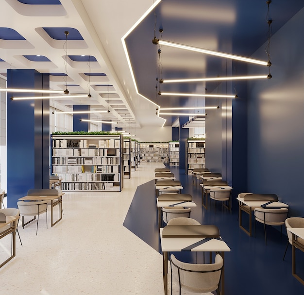 Libreria dal design moderno con parete blu, sedia e scrivania