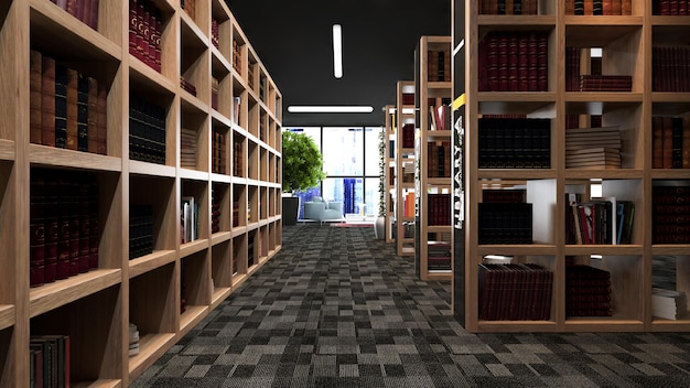 modern library design with wooden bookcases with carpet 3d rendering
