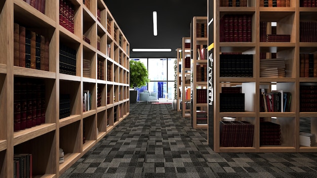 Modern library design with wooden bookcases with carpet 3D rendering