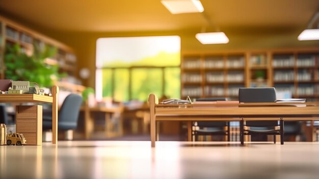 Modern library interior with bookshelves Blurred background 3D Rendering