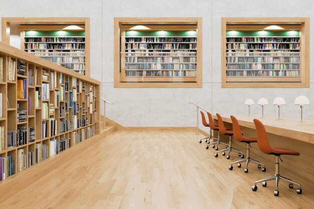 Modern library interior with bookshelves table and chairs