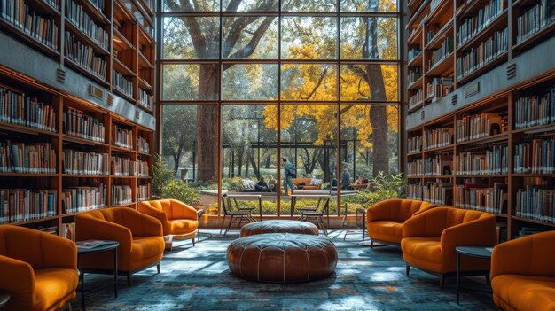 Modern Library Interior with Comfortable Seating and Autumn View