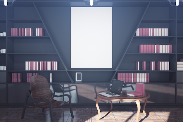 Modern library with blank poster