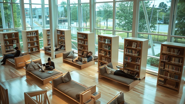 Photo a modern library with large windows and comfortable seating