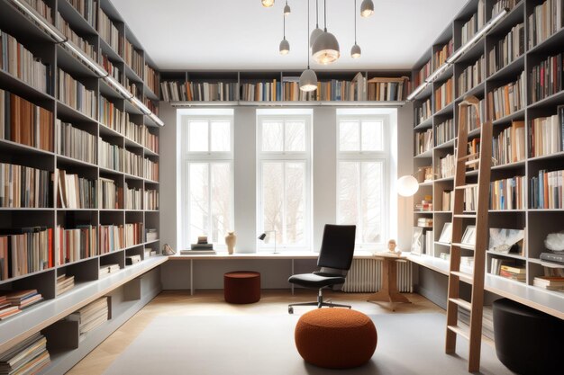 Modern library with minimalist bookshelves and bright lighting created with generative ai