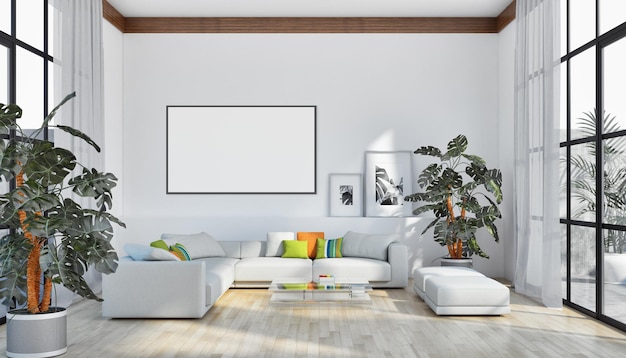 Modern licht interieur appartement met mock up poster frame illustratie 3D-rendering computer gegenereerde afbeelding