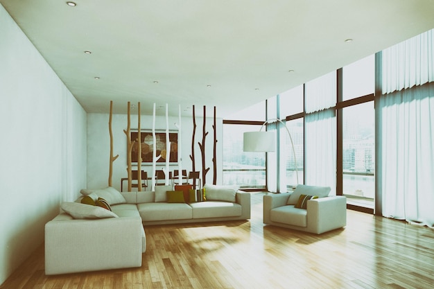 Modern licht interieur appartement Woonkamer 3D-rendering illustratie