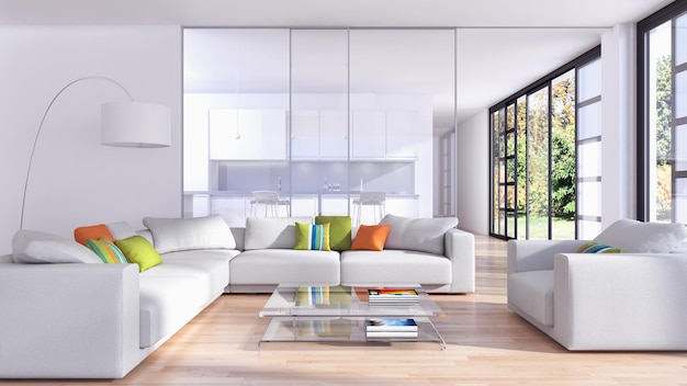 Modern licht interieur appartement Woonkamer 3D-rendering illustratie