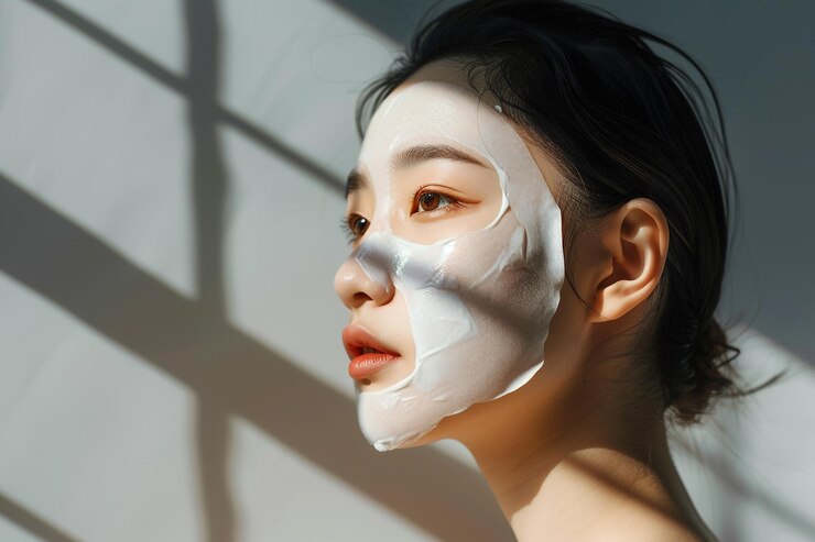 현대 라이프 스타일 아름다운 여성의 초상화 얼굴 시트 마스크 단단한 부드러운 회색 우아한 패션과 트렌디한 호소