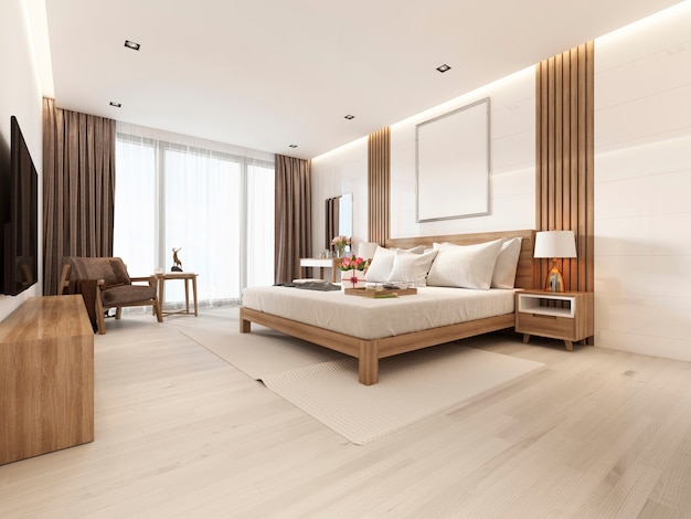 Modern light bedroom with wooden furniture in Scandinavian style. 3D rendering