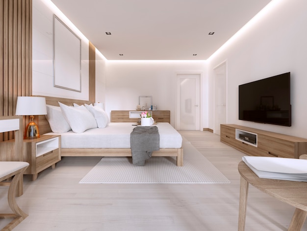 Camera da letto moderna e luminosa con mobili in legno in stile scandinavo. rendering 3d