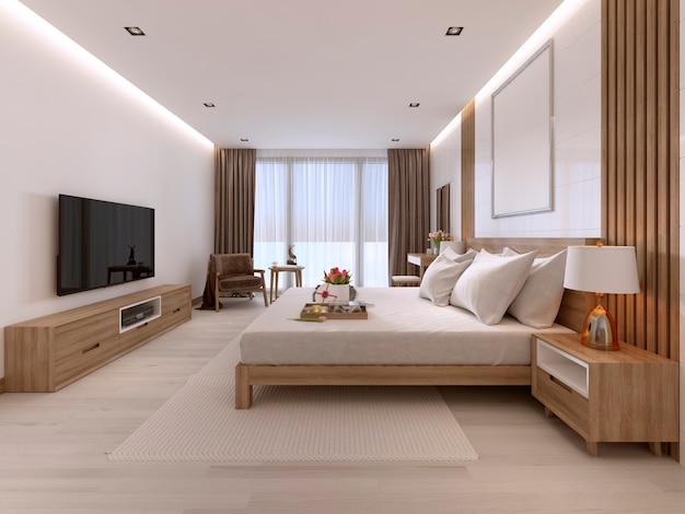 Современная светлая спальня с деревянной мебелью в скандинавском стиле. 3D рендеринг