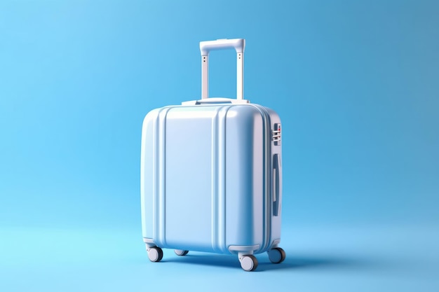 여행을위한 손잡이가있는 현대적인 밝은 파란색 플라스틱 모형 가방 휴가 여행을위한 트렌디한 여행자 케이스 수하물 템플릿 온라인 상점 광고 디자인을위한 복사 공간 생성 AI