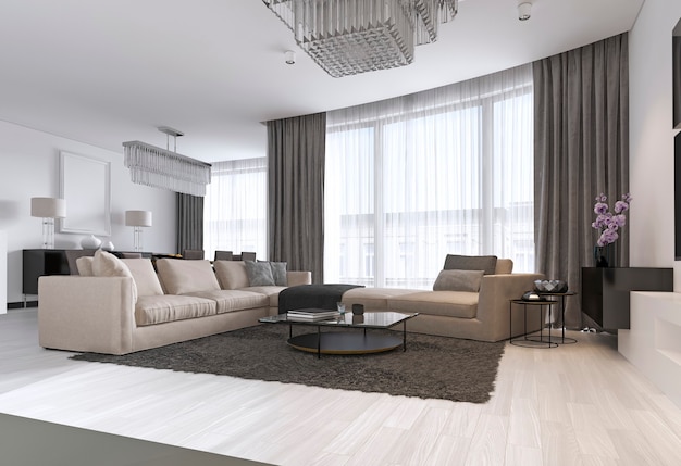 Modern light contemporary living room with large corner sofa and dining area. Console with a mirror, TV unit, coffee and side table. 3d rendering.