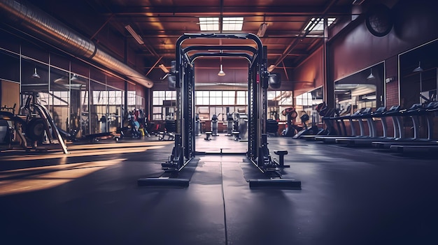 Modern light gym Sports equipment in gym Barbells of different weight on rack