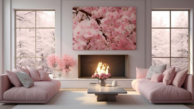 Photo modern light interior with fireplace spring flowers