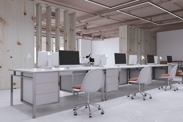 Modern light office room interior with equipment and furniture 3D Rendering