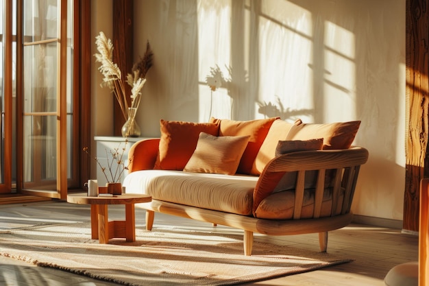 現代的な明るいテラコッタのリビングルーム - 木製の家具 - ジェネレーティブAI