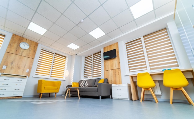 Modern light ward of maternity hospital Empty sofa and armchair in a emergency room Full length view