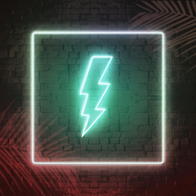 Photo modern lightning bolt or thunder icon with cyan neon effect frame leaf shadow and dark wall backdrop