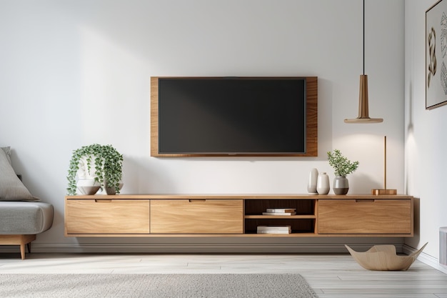 A modern living area with a white wall background and a TV cabinet
