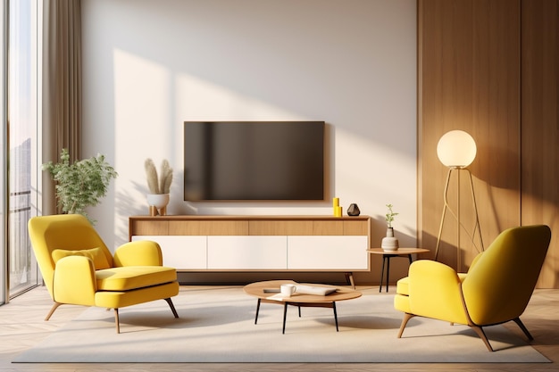 Modern Living Elegance Yellow Armchair Amidst Neutral Tones amp Ambient Glow