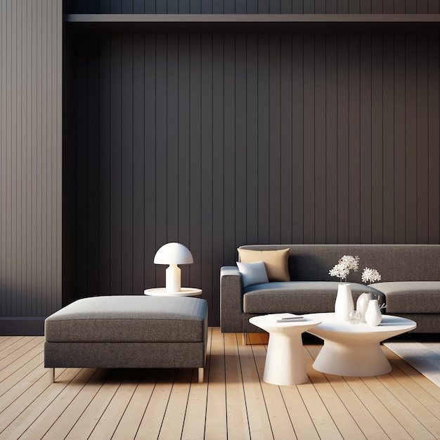 Photo modern living room and black - brown wall background - 3d rendering