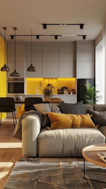 Современная гостиная сочетает в себе нейтральные тона с яркими желтыми акцентами и пышной зеленью