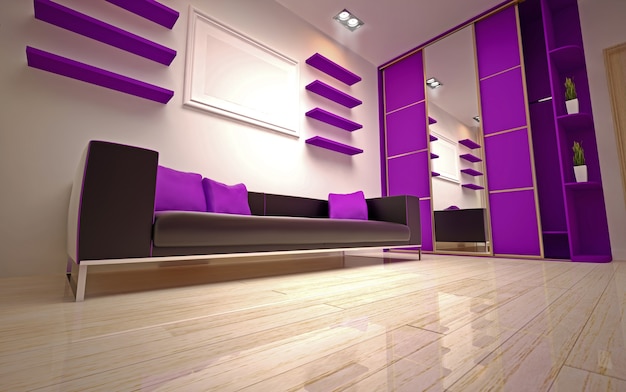 Modern living room bright purple  shades