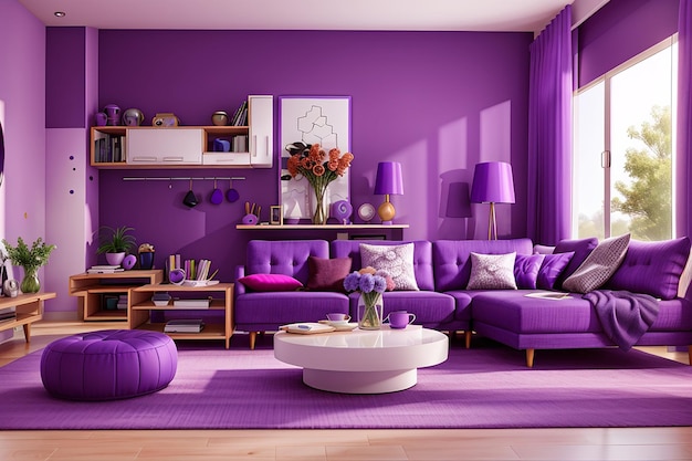 モダンなリビングルームの明るい紫色の色彩