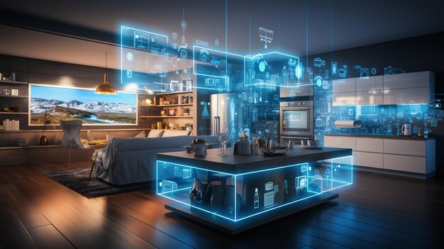 Modern living room concept of the internet of things with an image of a smartroom Generative AI