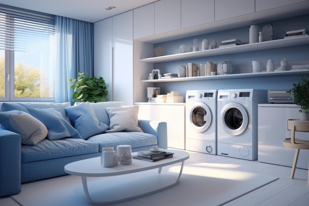 Modern living room corner with washing machine blue and white