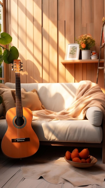 Photo a modern living room cozy and inviting featuring a guitar as decor vertical mobile wallpaper