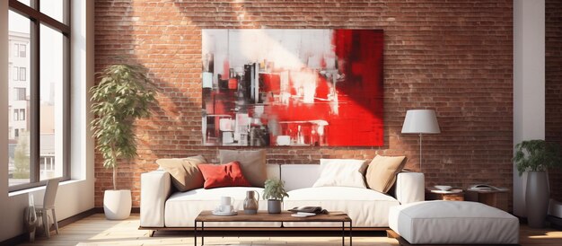 Photo modern living room design of red brick wall concept