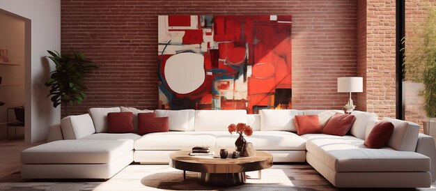 Photo modern living room design of red brick wall concept