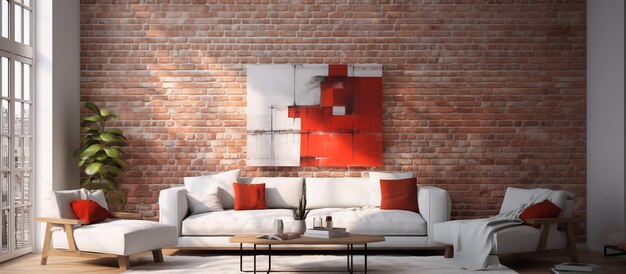 現代的なリビングルームデザイン 赤いレンガの壁のコンセプト