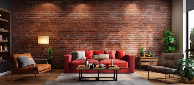 Photo modern living room design of red brick wall concept