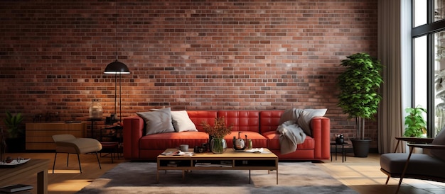 Moderno design del soggiorno di concetto di parete di mattoni rossi
