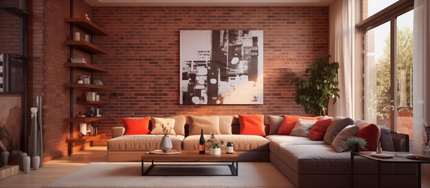 Photo modern living room design of red brick wall concept