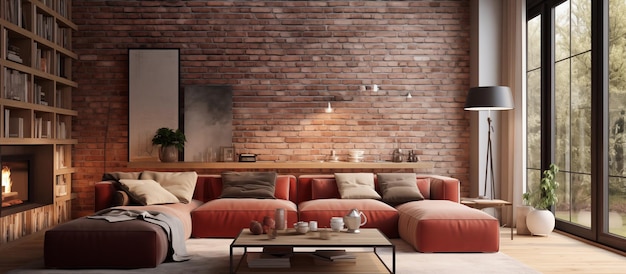 Photo modern living room design of red brick wall concept