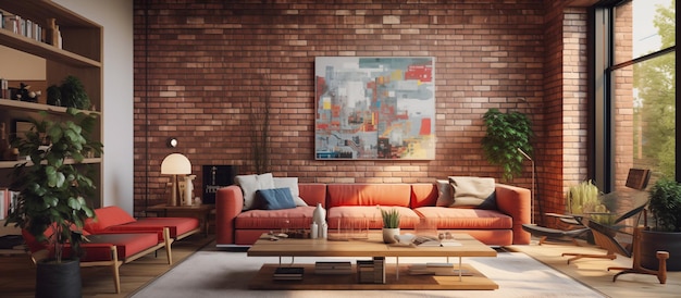 Photo modern living room design of red brick wall concept