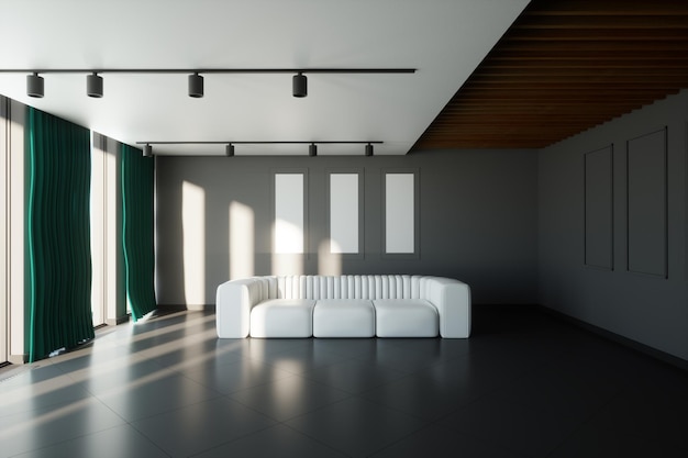 Современный дизайн гостиной с серыми стенами и большим белым диваном. 3D-иллюстрация, 3D-рендеринг.