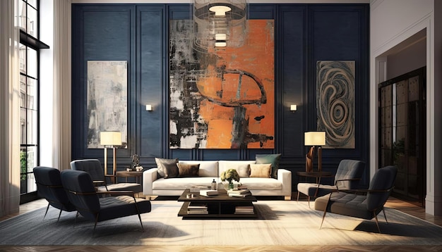 modern living room design with large paintings